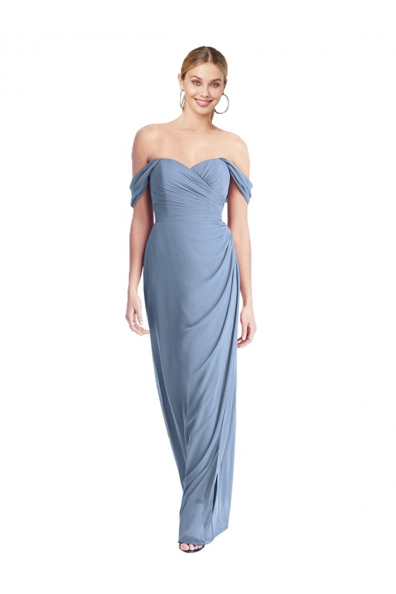 Online Staubiges Blau Meerjungfrau Off-Schulter Chiffon Lange Brautjungfernkleider
