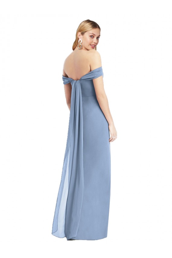 Online Staubiges Blau Meerjungfrau Off-Schulter Chiffon Lange Brautjungfernkleider