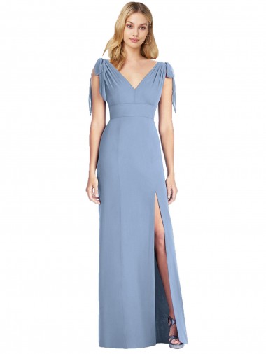 Online Staubiges Blau Meerjungfrau V-Ausschnitt Chiffon Lange Brautjungfernkleider