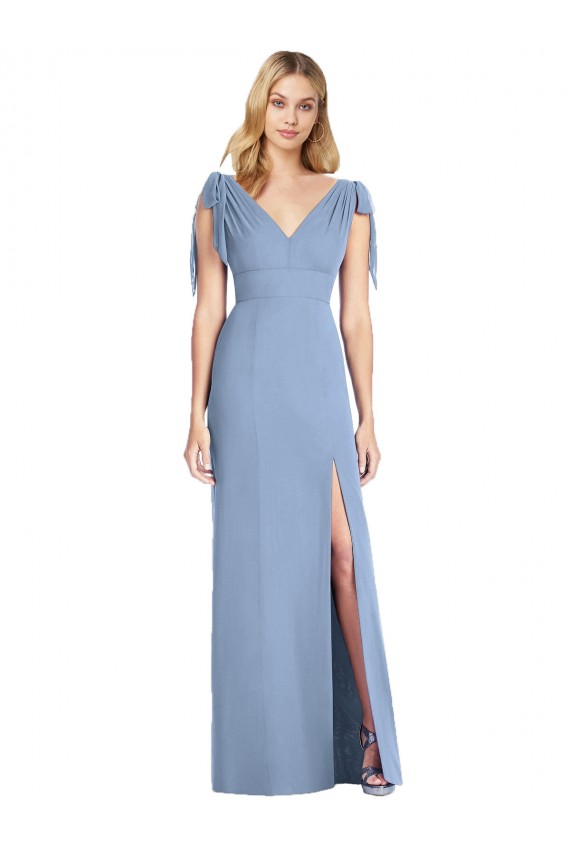 Online Staubiges Blau Meerjungfrau V-Ausschnitt Chiffon Lange Brautjungfernkleider
