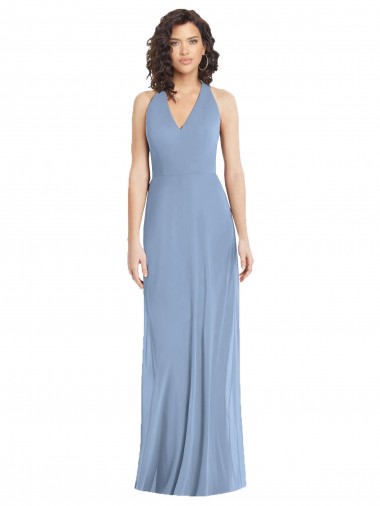 Online Staubiges Blau Trompete Neckholder V-Ausschnitt Chiffon Lange Formale Brautjungfernkleider / Abendkleider