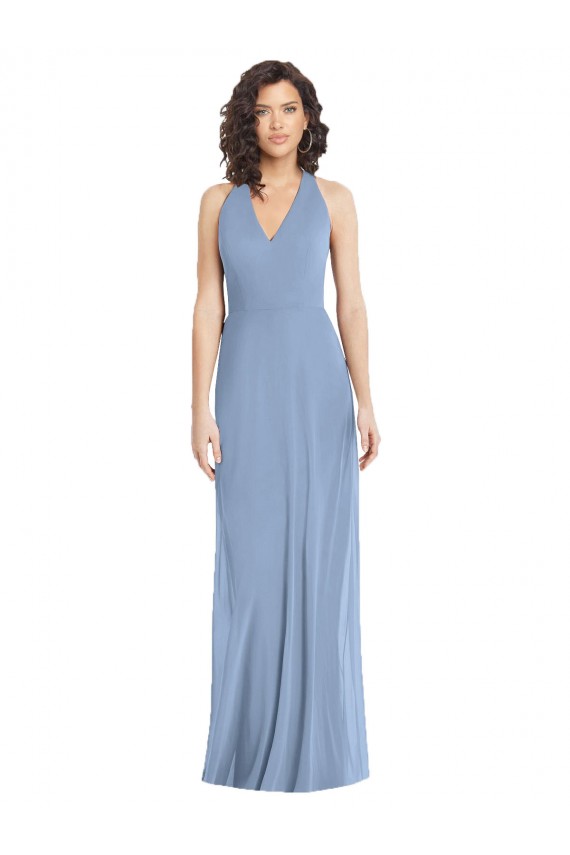 Online Staubiges Blau Trompete Neckholder V-Ausschnitt Chiffon Lange Formale Brautjungfernkleider / Abendkleider