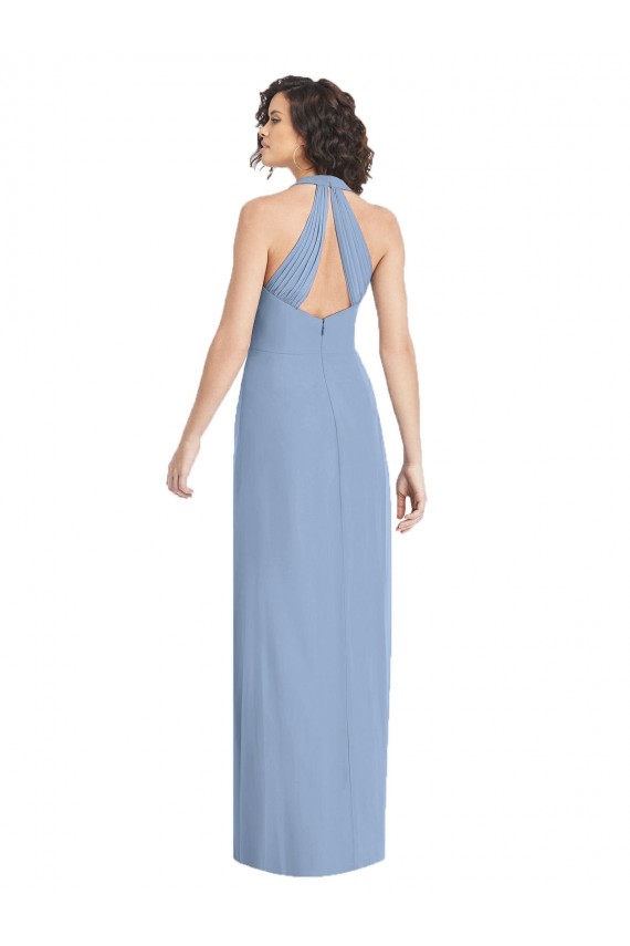 Online Staubiges Blau Trompete Neckholder V-Ausschnitt Chiffon Lange Formale Brautjungfernkleider / Abendkleider