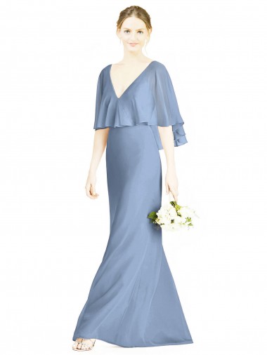 Online Staubiges Blau Trompete V-Ausschnitt Chiffon Lange Brautjungfernkleider