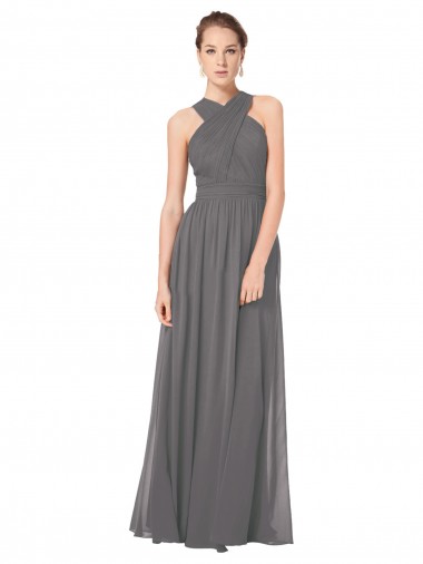 Online Stormy Silver A-Linien Neckholder Chiffon Lange Brautjungfernkleider