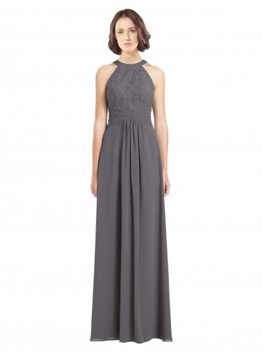 Online Stormy Silver A-Linien Neckholder Chiffon Spitze Lange Brautjungfernkleider