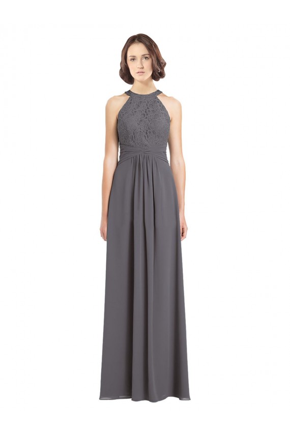 Online Stormy Silver A-Linien Neckholder Chiffon Spitze Lange Brautjungfernkleider