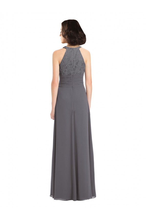 Online Stormy Silver A-Linien Neckholder Chiffon Spitze Lange Brautjungfernkleider