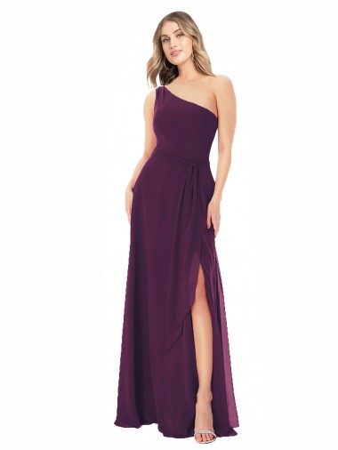 Online Traube A-Linien Eine-Schulter Chiffon Lange Brautjungfernkleider
