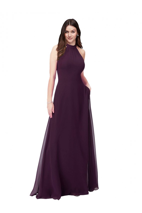 Online Traube A-Linien Neckholder Stehkragen Ausschnitt Chiffon Lange Brautjungfernkleider