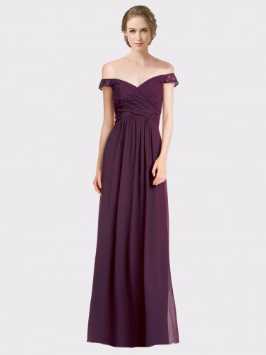 Online Traube A-Linien Off-Schulter Chiffon Spitze Lange Brautjungfernkleider