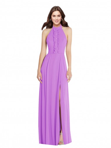 Online Violett A-Linien Neckholder Chiffon Lange Formale Brautjungfernkleider / Abendkleider