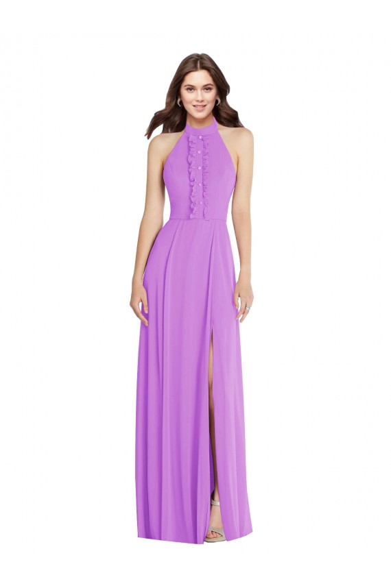 Online Violett A-Linien Neckholder Chiffon Lange Formale Brautjungfernkleider / Abendkleider
