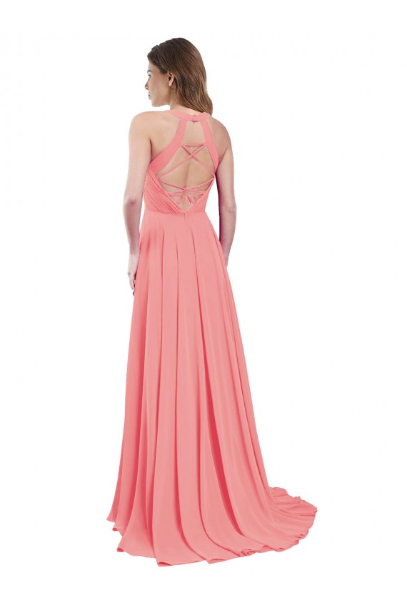 Online Wassermelone A-Linien Neckholder Chiffon Lange Brautjungfernkleider