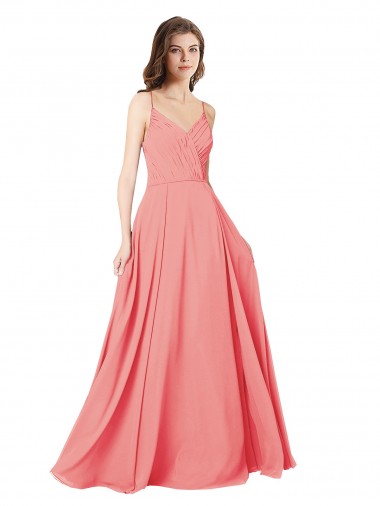 Online Wassermelone A-Linien V-Ausschnitt Chiffon Lange Brautjungfernkleider