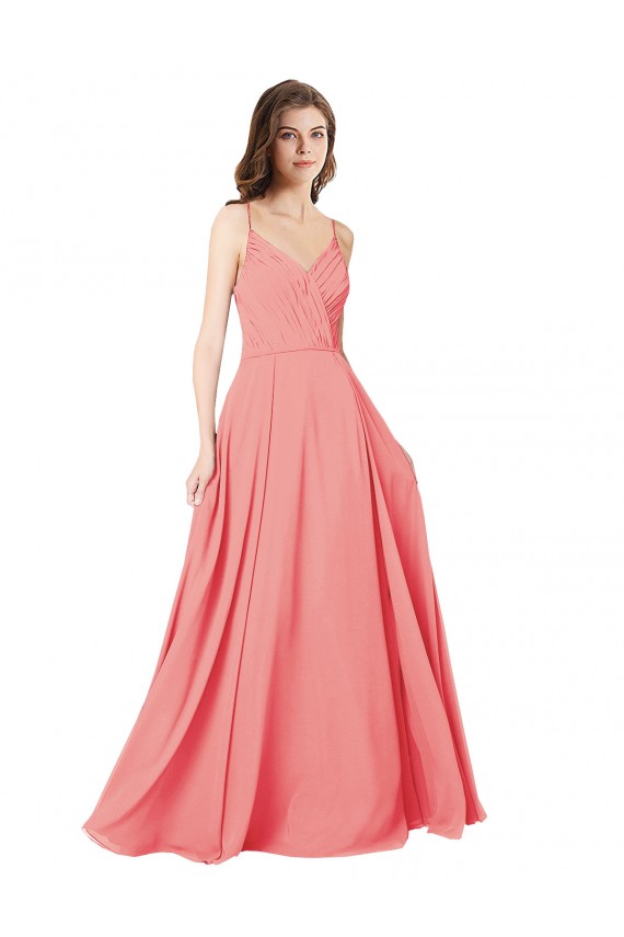 Online Wassermelone A-Linien V-Ausschnitt Chiffon Lange Brautjungfernkleider