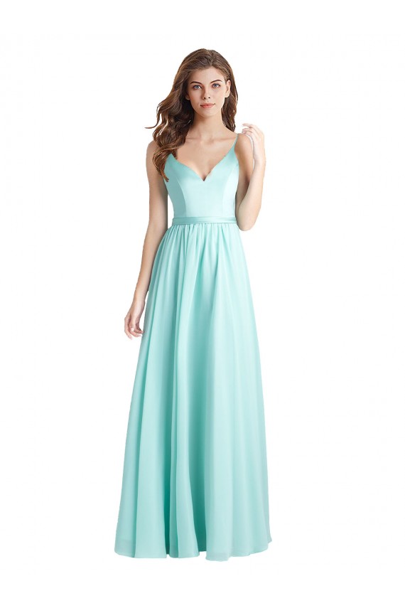 Online Waterfall A-Linien V-Ausschnitt Chiffon Satin Lange Brautjungfernkleider