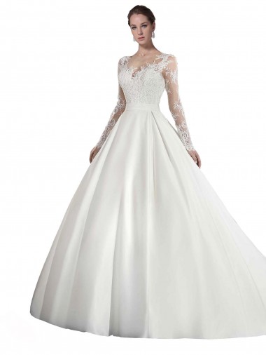 Online Weiß A-Linien Illusion Ausschnitt Kathedrale Schleppe Satin Spitze Brautkleider