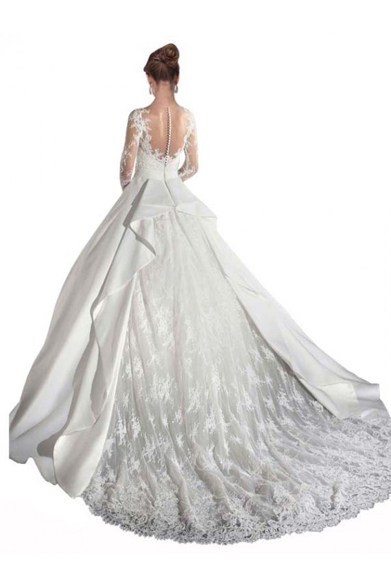 Online Weiß A-Linien Illusion Ausschnitt Kathedrale Schleppe Satin Spitze Brautkleider