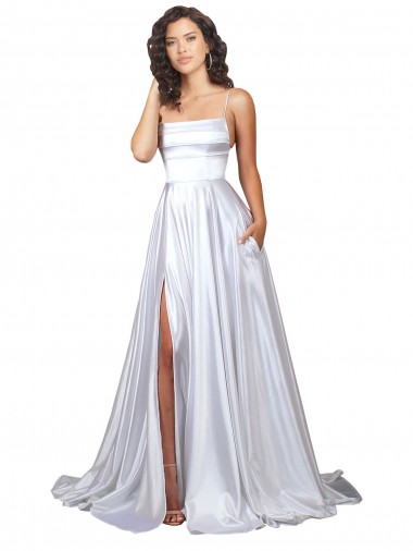 Online Weiß A-Linien Spaghetti-Träger Stretch-Satin Einfache Strand Brautkleider