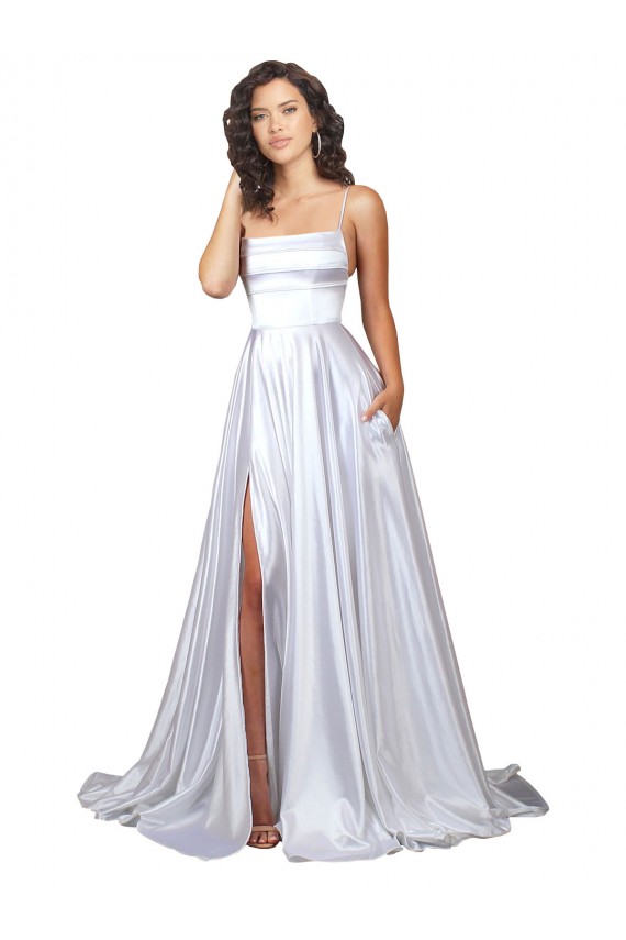 Online Weiß A-Linien Spaghetti-Träger Stretch-Satin Einfache Strand Brautkleider