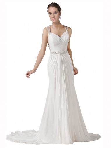 Online Weiß Etui Kapelle-schleppe Chiffon Strand Brautkleider