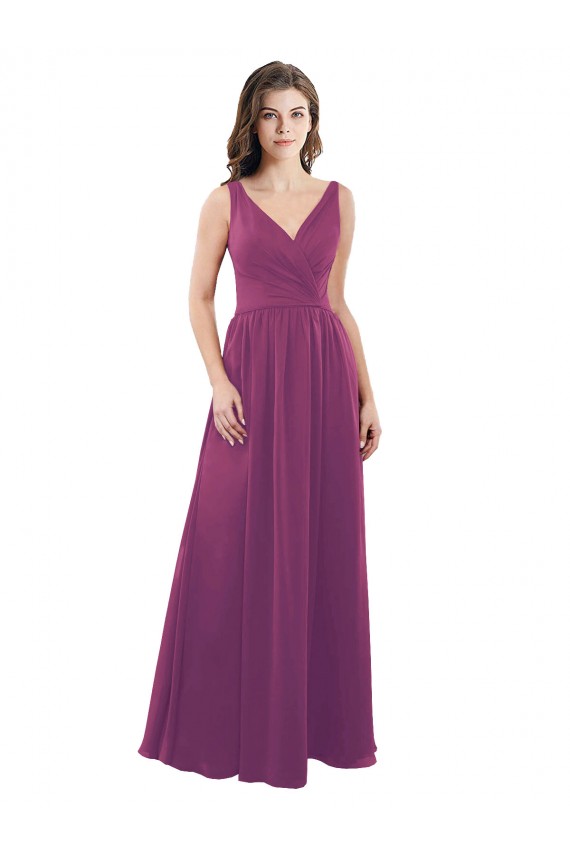 Online Wilde Beere A-Linien V-Ausschnitt Chiffon Lange Brautjungfernkleider