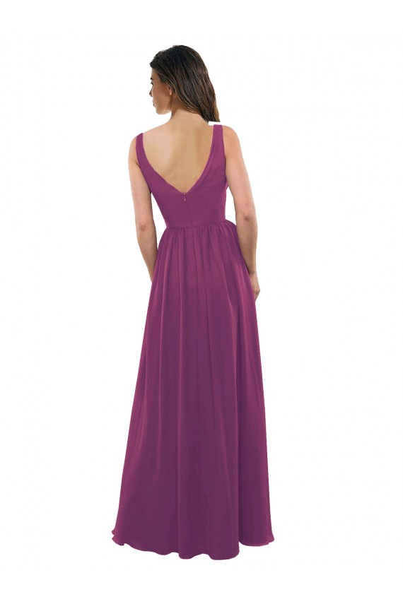 Online Wilde Beere A-Linien V-Ausschnitt Chiffon Lange Brautjungfernkleider