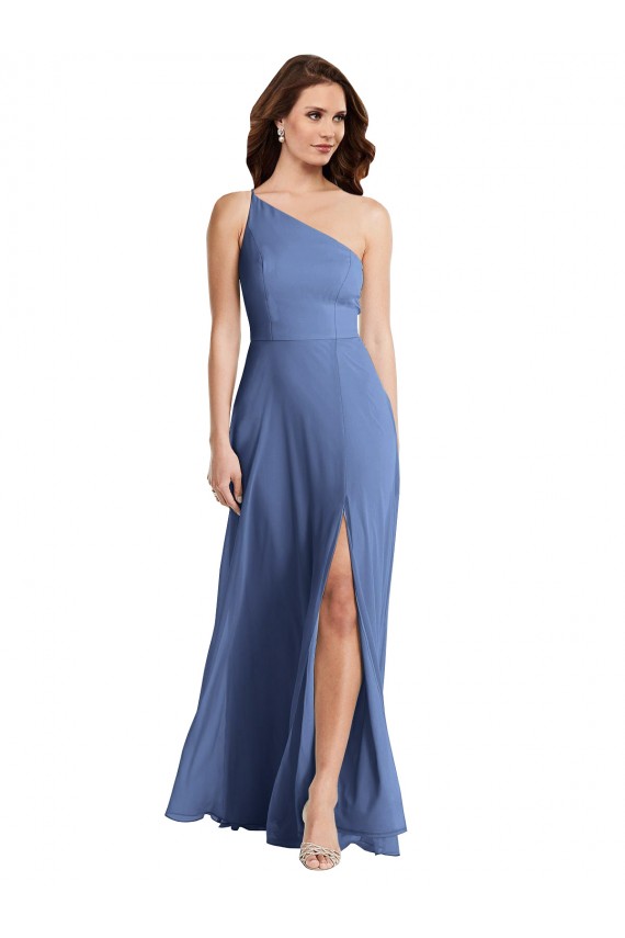 Online Windsor Blau A-Linien Eine-Schulter Chiffon Lange Formale Brautjungfernkleider / Abendkleider