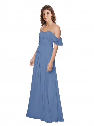 Online Windsor Blau A-Linien Off-Schulter Trägerlos Chiffon Lange Brautjungfernkleider