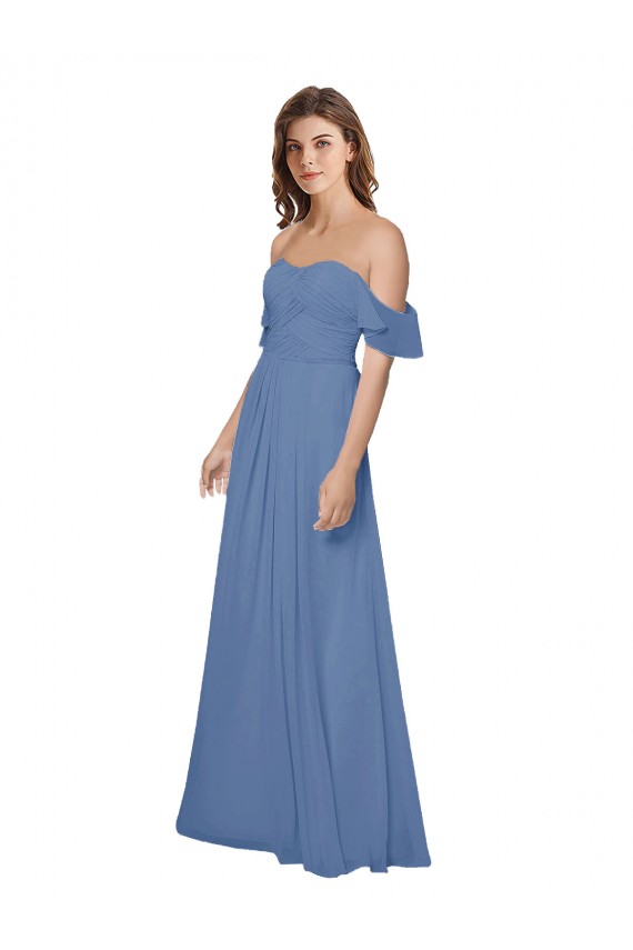 Online Windsor Blau A-Linien Off-Schulter Trägerlos Chiffon Lange Brautjungfernkleider