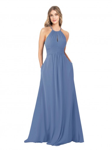 Online Windsor Blau A-Linien Stehkragen Ausschnitt Chiffon Lange Brautjungfernkleider