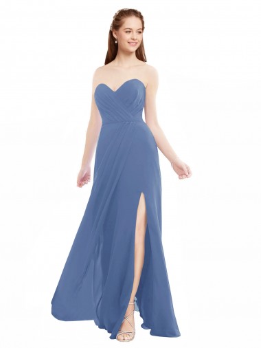 Online Windsor Blau A-Linien Trägerlos Chiffon Lange Brautjungfernkleider