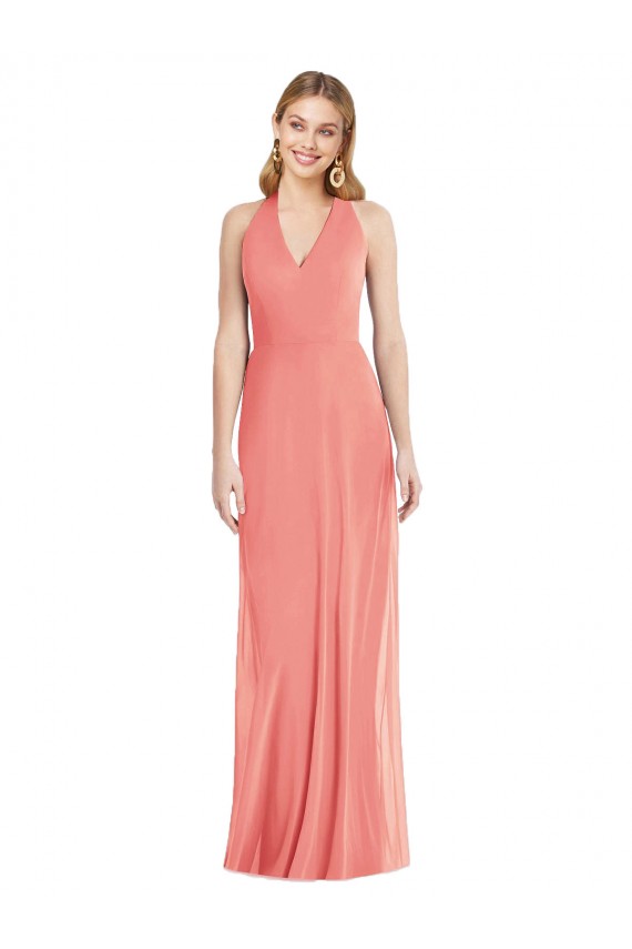 Online Wüstenrose Trompete Neckholder V-Ausschnitt Chiffon Lange Formale Brautjungfernkleider / Abendkleider